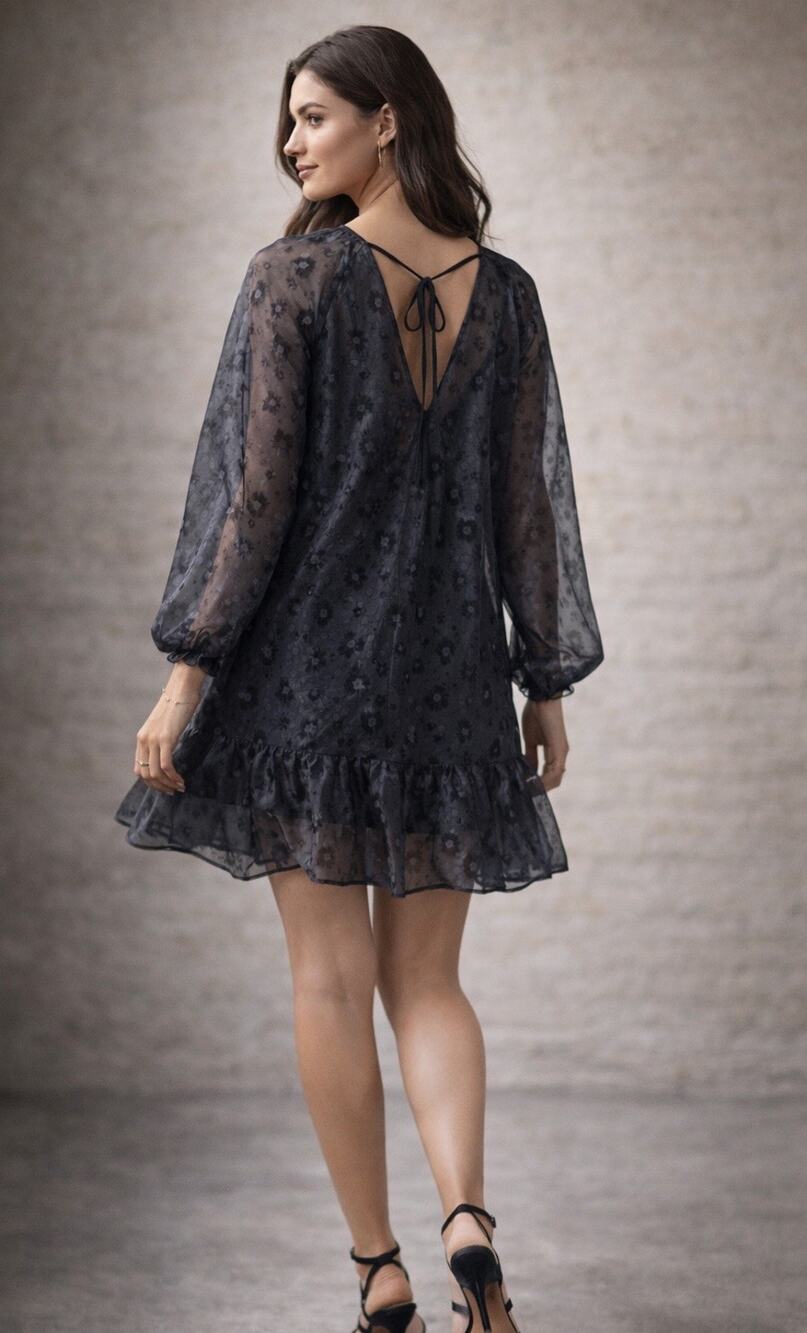 Organza Black Polka Dot Floral Mini Dress Sheer Sz S/M SHEIN Babydoll Peasant